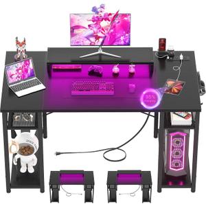 Armocity Computer Desk with LED Lights, 48 Inch Reversible Large Desk with Power Outlet and USB, 48'' Gaming PC Table with Moveable Monitor Stand for Home Office, Workstation, Black (47.2")