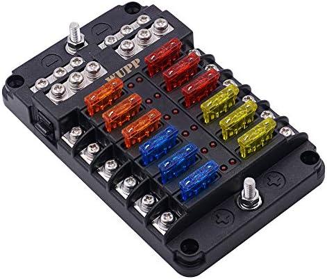 WUPP Boat Marine Fuse Block Panel with LED Warning Indicator Damp-Proof Cover - 12 Circuits with Negative Bus Fuse Box Holder Screw for Car Marine RV Truck DC 12-24V, Fuses Included