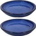 Sunnydaze 7-Inch Ceramic Plant Saucers - Plant Drip Trays for Outdoor Planter Flower Pot Drainage - Set of 2 - Imperial Blue