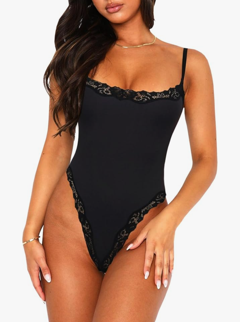 Navneet Women Lace Bodysuit Sexy Square Neck Sleeveless Cami Spaghetti Strap Thong Bodysuit Backless Body Suits Tops Leotard, S