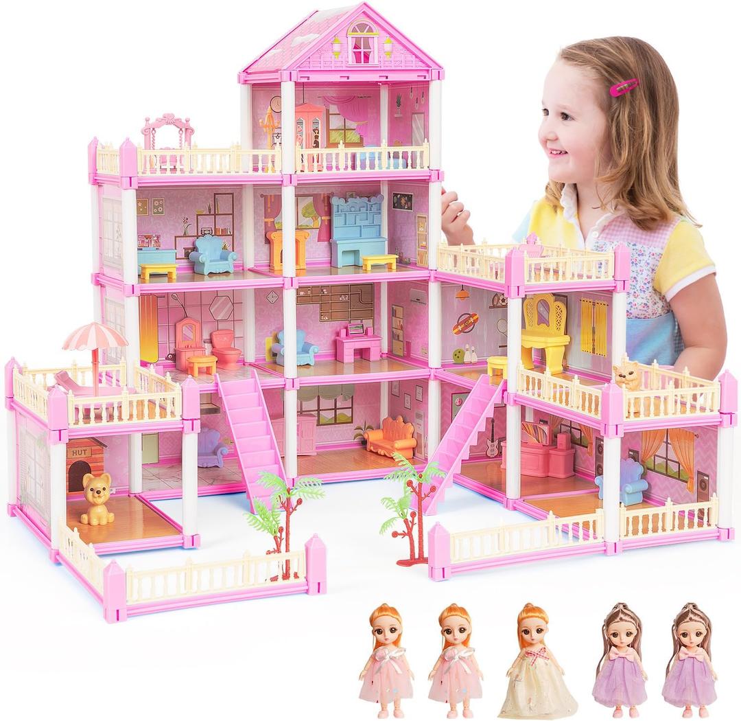 Dolls House for Girls, DIY Blue Dollshouses Toy Dollhouse Rooms Playset with Dolls Figure, Puppies,and Furniture & Accessories, Toy Playhouse Gifts for Kids 3 4 5 6 7 8 9+ Year Old