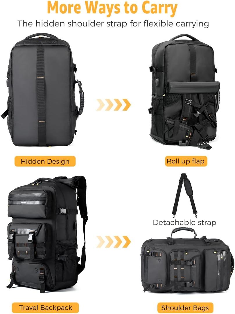 Travel Backpack for Men, 50L Carry On Flight Approved Convertible Duffle Bag with Shoe Compartment, 17 inch Laptop Luggage with USB Charging Port for Weekender Hiking, Black