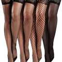 4 Pairs Fishnet Thigh High Stocking for Women Silicone Lace Top Sheer Over Knee Stockings, (Black)