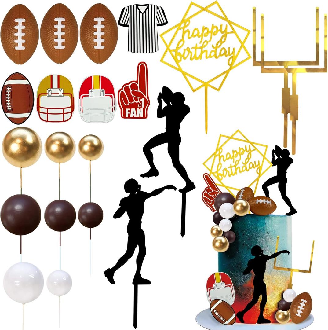 21PCS Football Cake Topper Set 21 Pieces Including Acrylic Happy Birthday Topper Rugby Ball Players Cupcake Toppers Sports Theme Party Decorations for Birthday Game Day Baby Shower