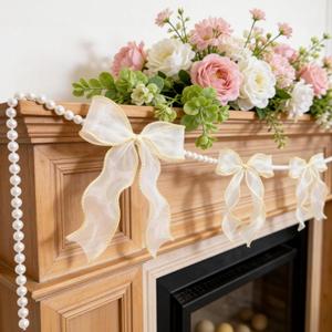 2 Strings White Bow Garland Banner, Pre-Strung Fish-Tail Organza Ribbon with 6.5ft Pearl Chain for Bridal Shower, Wedding, Engagement, Birthday, Tea Party, Baby Shower, Anniversary Decor