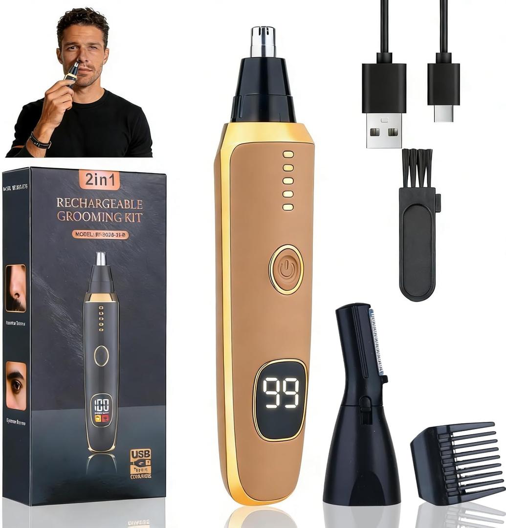LED Display Eyebrow & Nose Hair Trimmer Clipper for Men Women,2026 Rechargeable 2 in 1 Painless Ear & Facial Hair Trimmer with Powerful Motor and Dual-Edge Blades Easy Cleansing (Bronze)