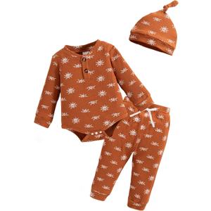 NZRVAWS Newborn Baby Boy Clothes Ribbed Knitted Romper Pants Color Block Infant Outfits Hat Clothing Set 0 3 6 9 12 Months (Brown-long)