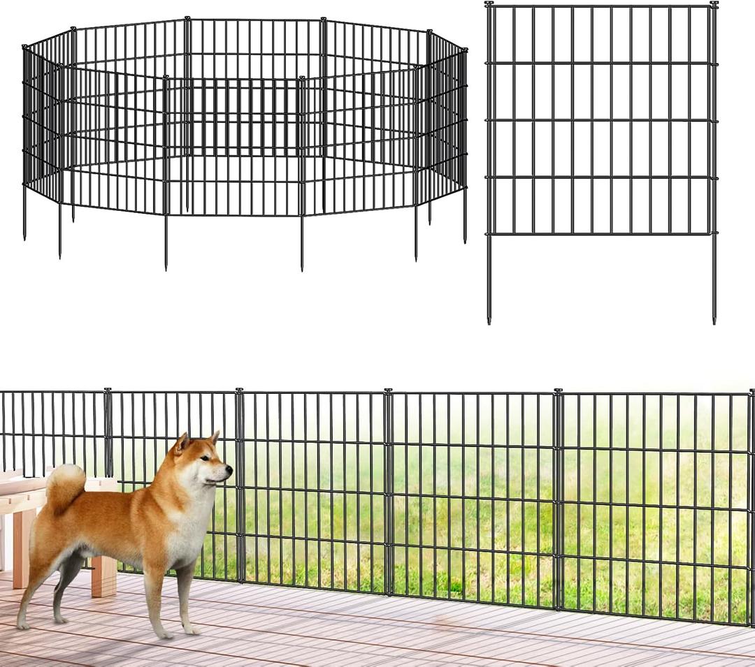FOREHOGAR Metal Garden Fence 28in (H) x 23.3ft (L), 10 Panels + 11 Stakes Dog Fence Border Fence Animal Barrier, No Dig Garden Fencing for Yard Flower Bed Lawn Patio Outdoor, PIN282810 Black