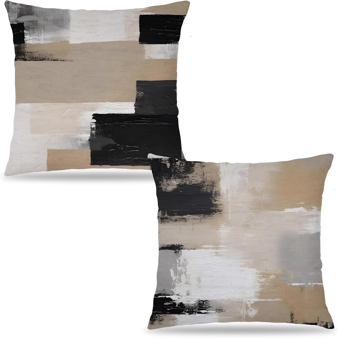 Abstract Boho Neutral Pillow Covers 18x18 Set of 2, Black Beige and White Retro Mid Century Modern Decorative Throw Pillow Covers for Home Bedroom Living Room
