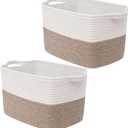 Medium Woven Baskets For Storage,Mudroom,Cotton Rope Square Basket With Handle Woven Bin,Empty Gift Basket For Shelves,Shoe,Blanket,Teen (Large rectangle, Linen | 2PCS)