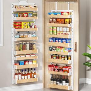 8-Tier Over The Door Pantry Organizer, Heavy-Duty Metal Wall Mount or Hanging Spice Rack, behind the door storage Shelves with Adjustable Basket, Back of Door Organizer for Kitchen Cabinet and Closet (White)
