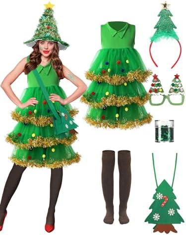 Berlune 7 Pcs Christmas Tree Costume Set for Women Outfit Dress Hat Headband Bag Glasses Frame Socks Sequins, L