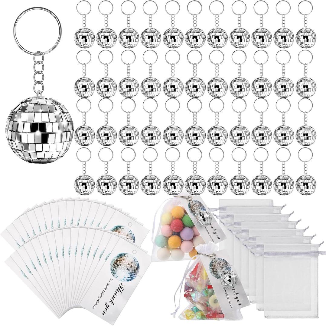 BBTO 36 Pack Mini Mirror Disco Ball Keychain Bulk Silver Disco Ball Party Favors 70s Keychains 1970s Accessories Party Favor Supplies with Drawstring Sheer Organza Bags Thank You Tags(72 Sets)
