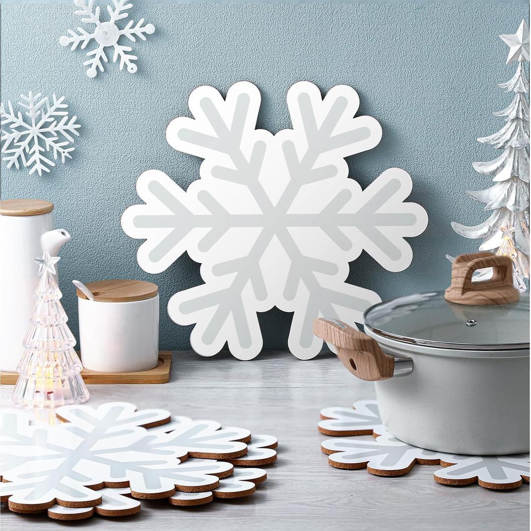 Nuanchu Set of 4 White Snowflake Cork Placemats Winter Christmas Table Decorations Indoor Xmas Theme Silver Snowflake Table Placemats for Party Kitchen Holiday Dining