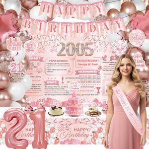 Pink 21th Birthday Decorations - 103 Pcs Happy 21 Year Old Birthday Decorations for Girls Women Balloons Garland Arch Kit Banner Backdrop Hanging Swirls Tablecloth Cake Cupcake Toppers Sash