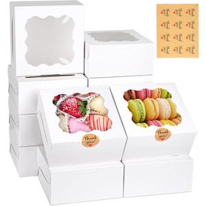 WINKIO 12 Pieces Cookie Boxes with Window, 663 Inches Treat Boxes for Bakery Dessert Pastry Mini Cake Favor Donut Baked Goods (White, with Stickers)