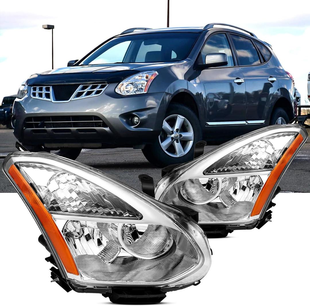 Headlights Assembly Compatible with 2008 2009 2010 2011 2012 2013 Nissan Rogue Halogen Head Lamp Replacement, Not Fit HID Models, Chrome Housing Amber Reflector
