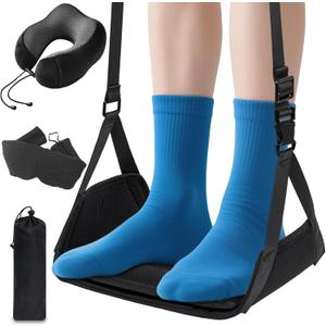 2 x Airplane Foot Hammock for Plane Travel, Heavy-Duty Adjustable Foot Rest with Reinforced Metal Buckles, Ergonomic Bamboo Foot Hammock with Eye Mask & Neck Pillow, Portable Airplane Travel Essentials (Black-3pack)