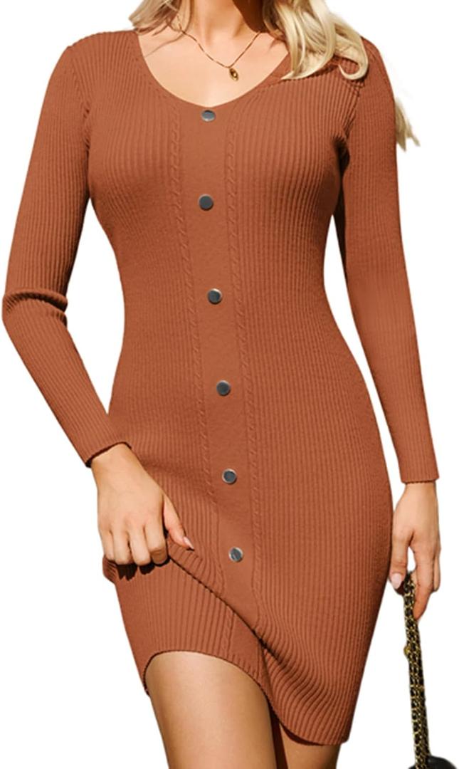 GRACE KARIN Women Midi Sweater Dresses 2026 Spring, Long Sleeve Knit Ribbed Bodycon, Button Up Casual Outfits Clothes (Medium, Brown)