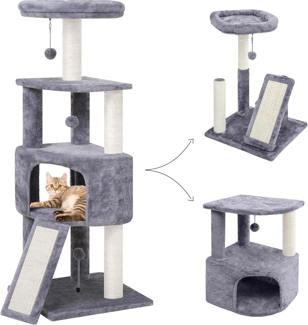 45in Cat Tree Tower with Big Condo for Indoor Kitten,Cat Tower with Scratching Post,Scratching Board and Cat Toys,Multi-Level,Small Space,Transformer Cat Tree, Grey (New)