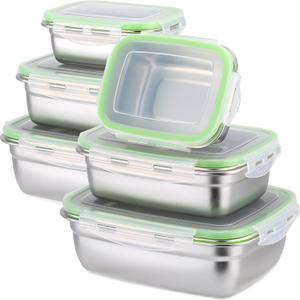 Nuanchu 6 Packs Stainless Steel Food Storage Containers Airtight Metal Food Containers Meal Prep Container Leak Proof Stackable Bento Lunch Box with Lids for Kitchen Travel Picnic and Camping(Green)