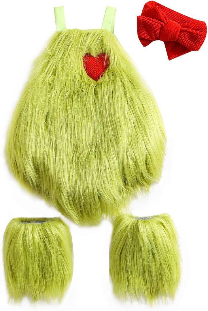 Qiylii Christmas Baby Costumes Green Monster Baby Girls Sleeveless Plush Fur Romper Onesie Headband + Leg Warmer Set (12-18 Months)