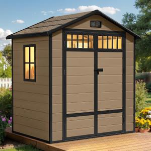 DWVO Outdoor Storage Shed, All-Weather Resin Plastic Storage Shed with Windows, Slanted Roof, Raised Floor, Capacity for Garden Tools/Equipment, Ideal for Backyard Garden