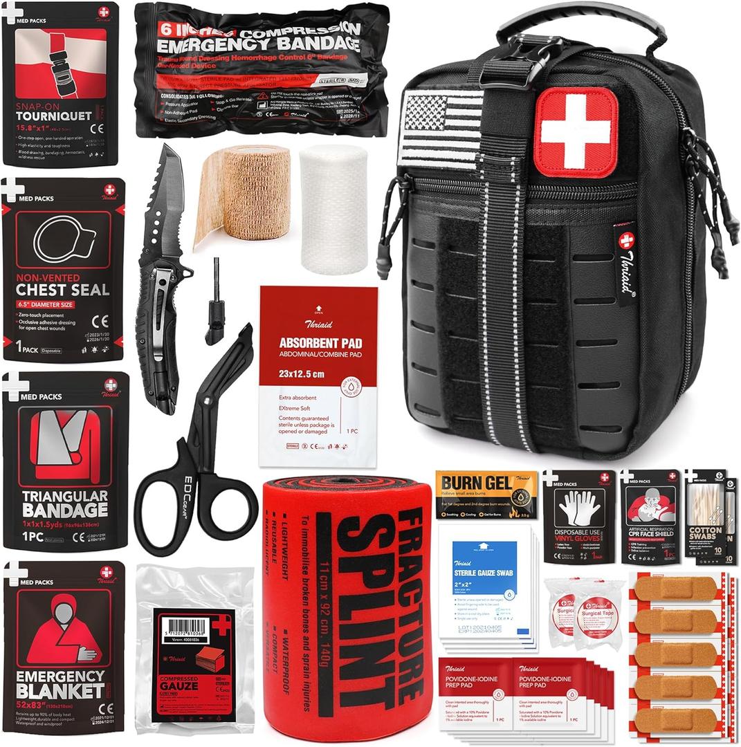 Survival First Aid Kit with Israeli Bandage, Chest Seal, Tourniquet, Splint, Tactical Military Combat Molle IFAK for Wound Care, Bleeding Control, Trauma Hemorrhage and More (Black)