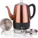Euro Cuisine PER04 Stainless Steel Electric Coffee Percolator, 4 Cup, Polished Copper Finish, Dripless Gooseneck Spout, Clear Glass Knob, Brewing Indication, Keep-Warm Function, Detachable Cord