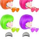 4 Pack Colored Wigs Neon Colorful Wig Short Bob Hair Neon Fun Party Wigs Costume Wig with Heart Sunglasses(Orange, Hot Pink, Green, Purple)