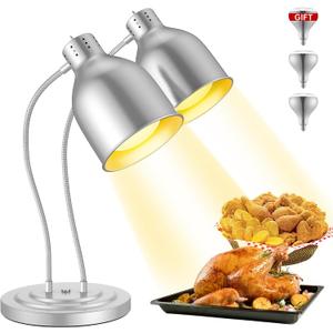 Food Heat Lamp, 500W Commercial Food Warmer Lamp, Rapid & Stable Heating 2-Head Electric Heat Lamp for Buffet, Parties, Catering, Restaurant, Kitchen, Home (Painted Silver)