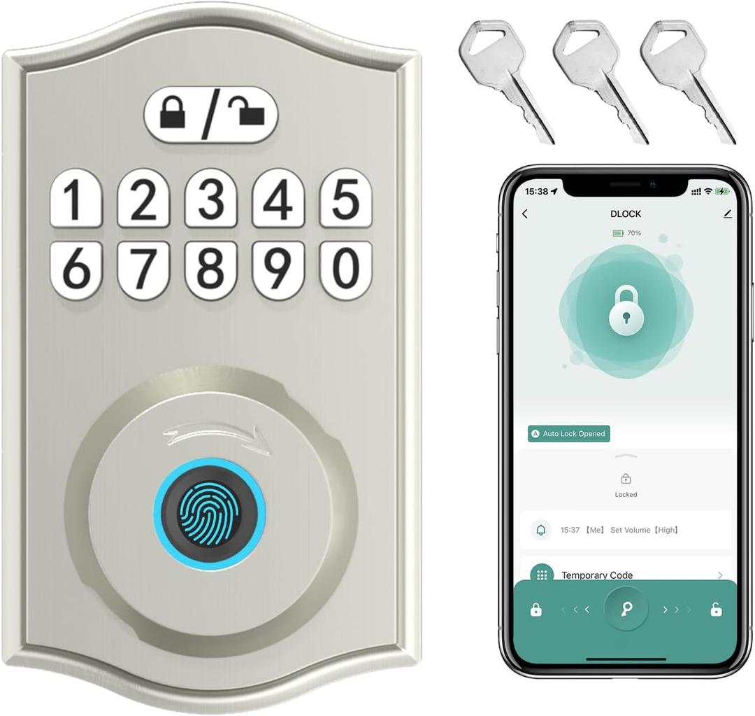 Smart Door Lock - Keyless Entry with Fingerprint/Bluetooth APP Control/Password, Auto Lock, One Time Code, Nickel