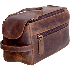 KomalC Premium Buffalo Leather Toiletry Bag for Men & Women With Water resistant Lining, Grooming Travel Pouch, Unisex Wash Bag for Toiletries, Gifts for Men and Women