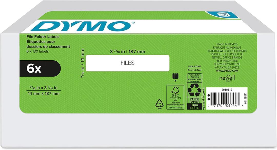 DYMO Authentic LW 1-Up File Folder Labels for LabelWriter Label Printers, White, 9/16" x 3-7/16", 6 Rolls of 130 (780 Total)