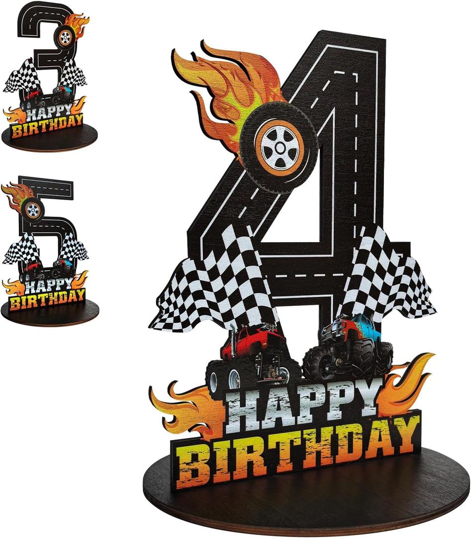 Truck Birthday Number Sign Centerpiece, Truck Wooden Decoration Photo Props for Truck Birthday Decorations (4th)