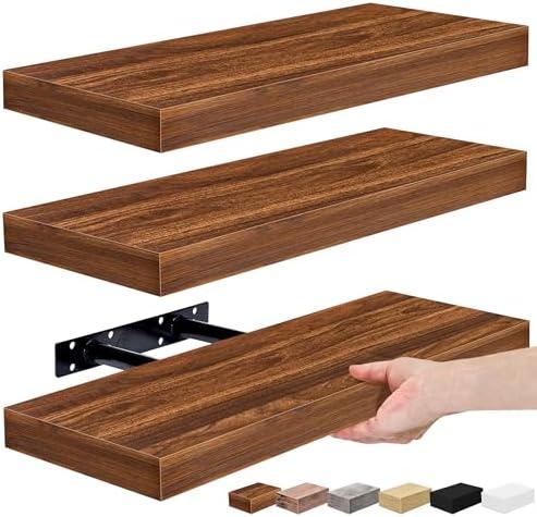 Sorbus Floating Shelves for Wall, Bathroom Shelves Wall Mounted for Kitchen, Bedroom, Bathroom Storage Over Toilet, Hanging Book Shelf for Ｗall Home Decor Living Room (Walnut, 3 Pack)