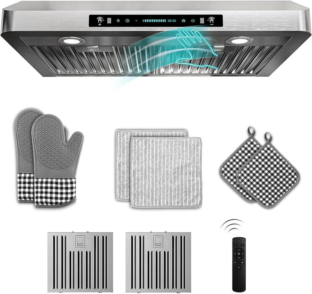 30 inch Under Cabinet Range Hood 900 CFM, Stainless Steel | Gesture/Touch/Remote Control, 4-Speed Fan, Ducted Ventilation, LED Lights, Dishwasher Safe Filters