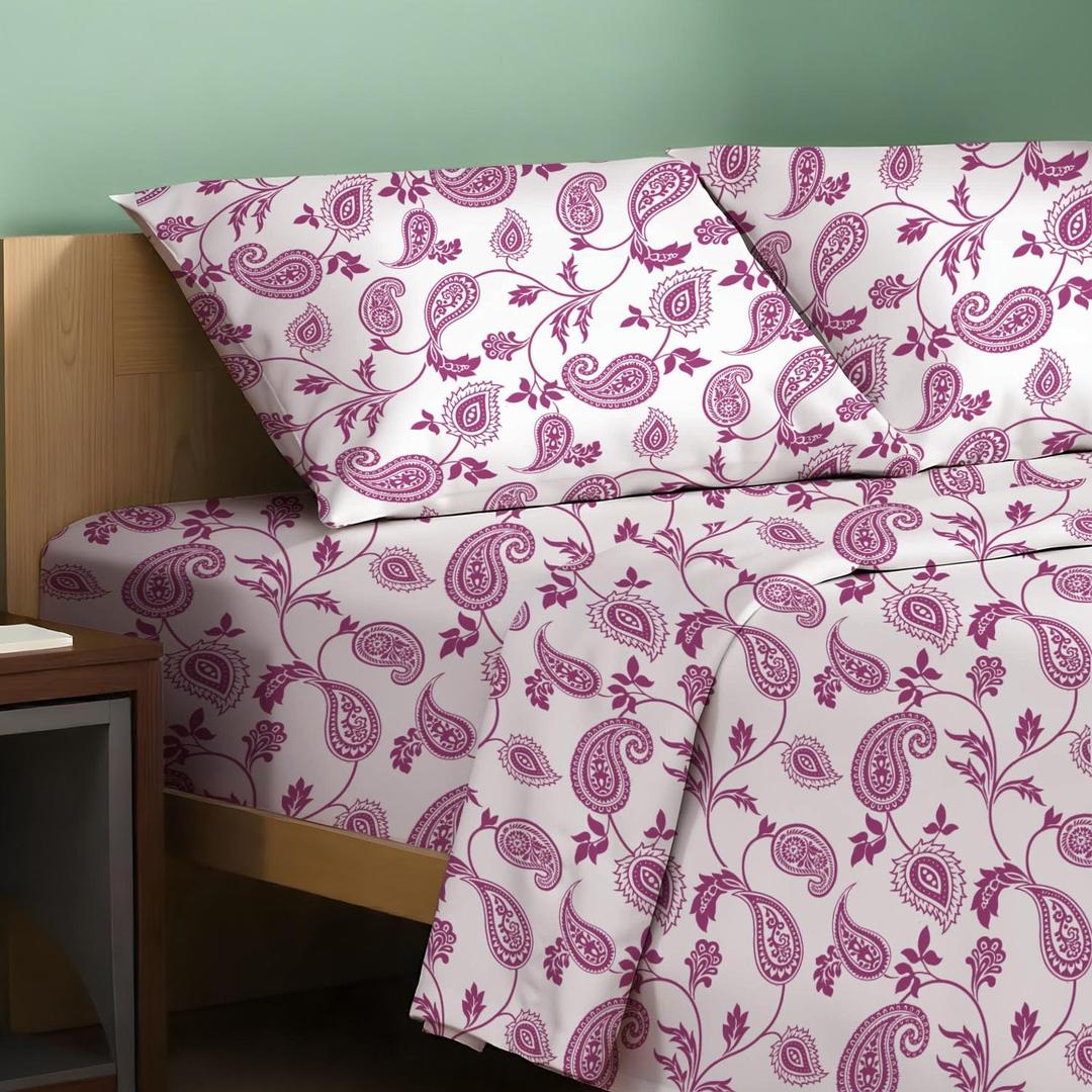 TEXAS LINEN CO. 100% Organic Cotton Printed Sheets Queen Size - 4 PC Organic Cotton Percale Sheets Queen Set (Paisley), Cooling & Breathable Sheet, 16" Deep Pocket Hotel Bedding - GOTS Certified