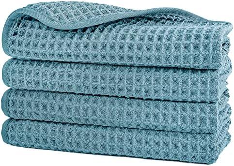 POLYTE 430 GSM Microfiber Lint Free Washcloth Face Towel, 13 x 13 in, 4 Pack (Waffle Weave)