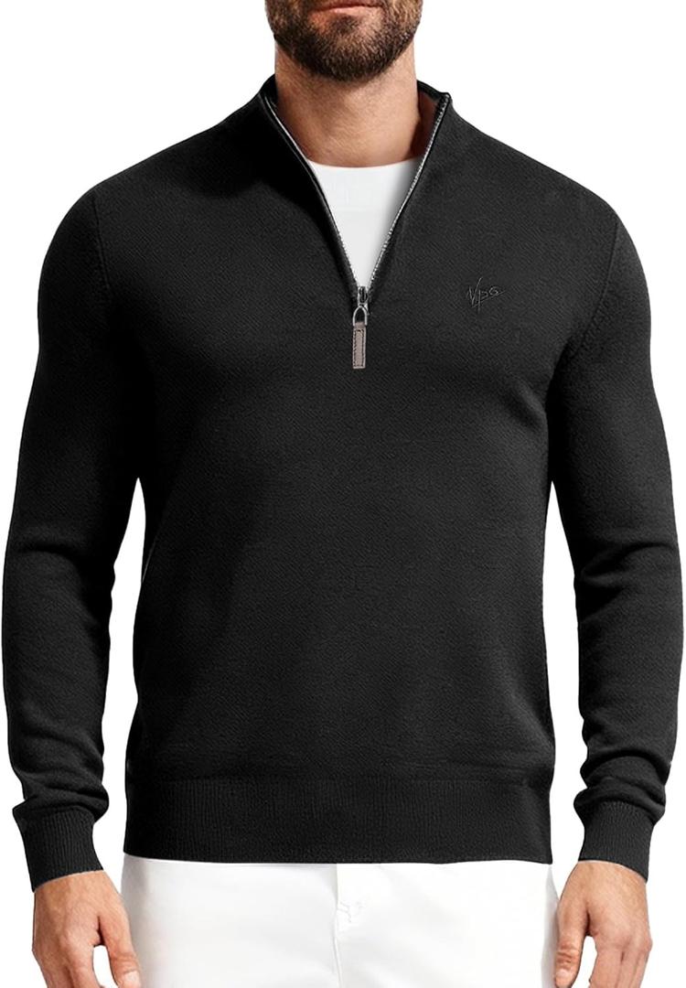 VPG Mens Quarter Zip Sweater, Regular Fit Lightweight Mock Neck Knit Texture Polo Long Sleeve 1/4 Zip Pullover (Black, L)