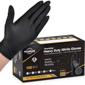 TitanFlex Heavy Duty Black Nitrile Gloves, Medium, 6 Mil with Raised Diamond Texture, Industrial Work Gloves Disposable Latex Free, Powder Free, Mechanic Disposable Gloves (Box of 100)