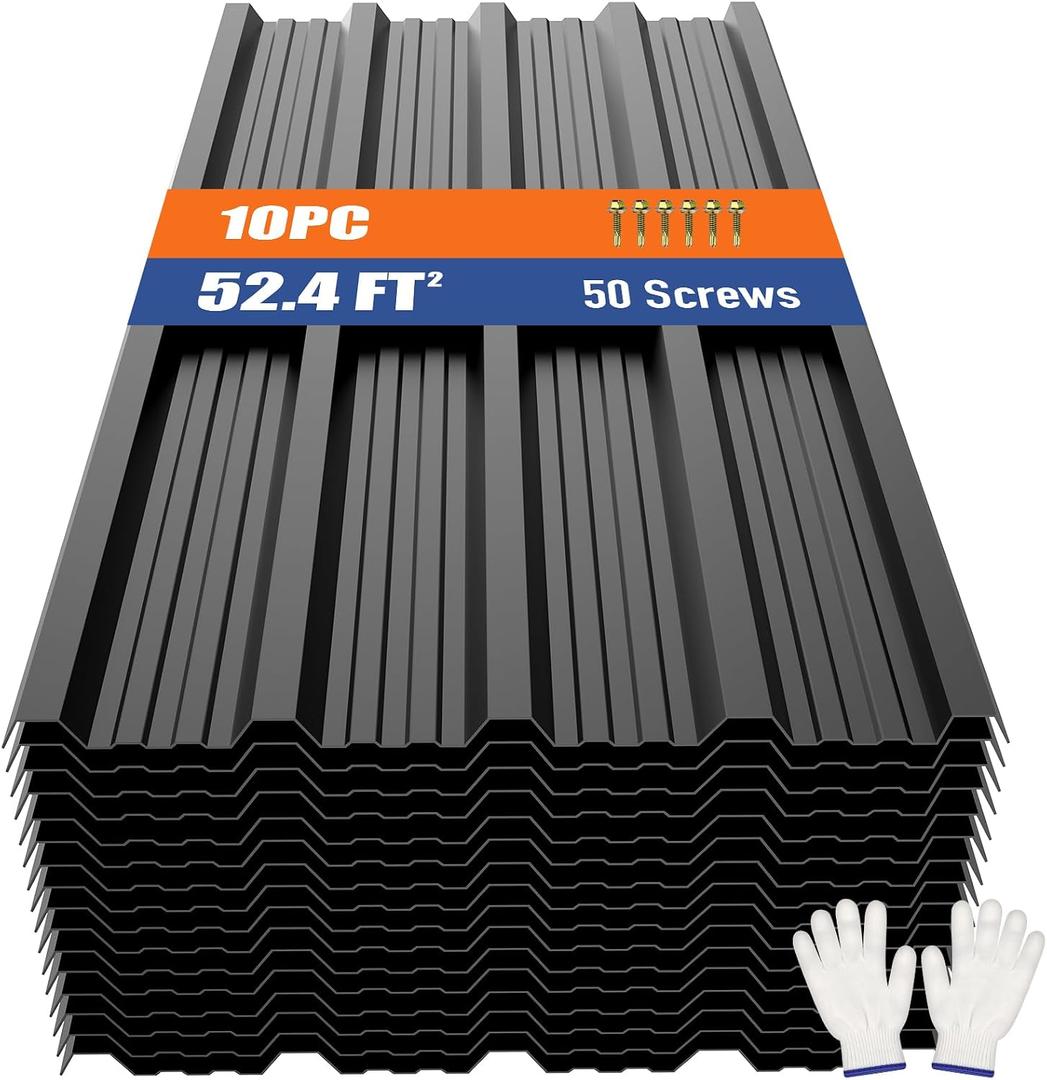 Brakki Metal Roofing Panels 10pcs 52.4 ft², Black Corrugated Galvanized Steel Roof Panels with Screw, Heavy Duty Metal Siding Suitable for Garages Chicken Coop Sheds Stables Patio