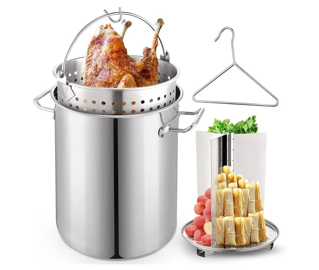 ARC 32QT Stainless Steel Stock pot 6-Piece For Seafood Boil Pot with Basket and Steamer Rack, Cookware for Crawfish Crab Shrimp Lobster Boiling Pot, Turkey Fryer Pot, Tamale Steamer Pot with Strainer