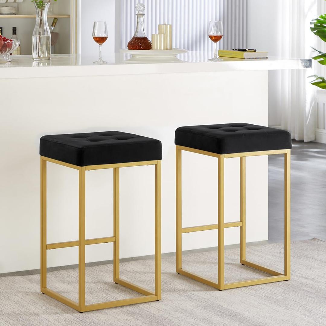 24KF Contemporary Counter Height Bar Stool Set of 2 for Kitchen Island, 26" H Velvet Padded Gold Barstool Bar Chair,5066-Black (Barstool with Square Style Base- 2 Pack)