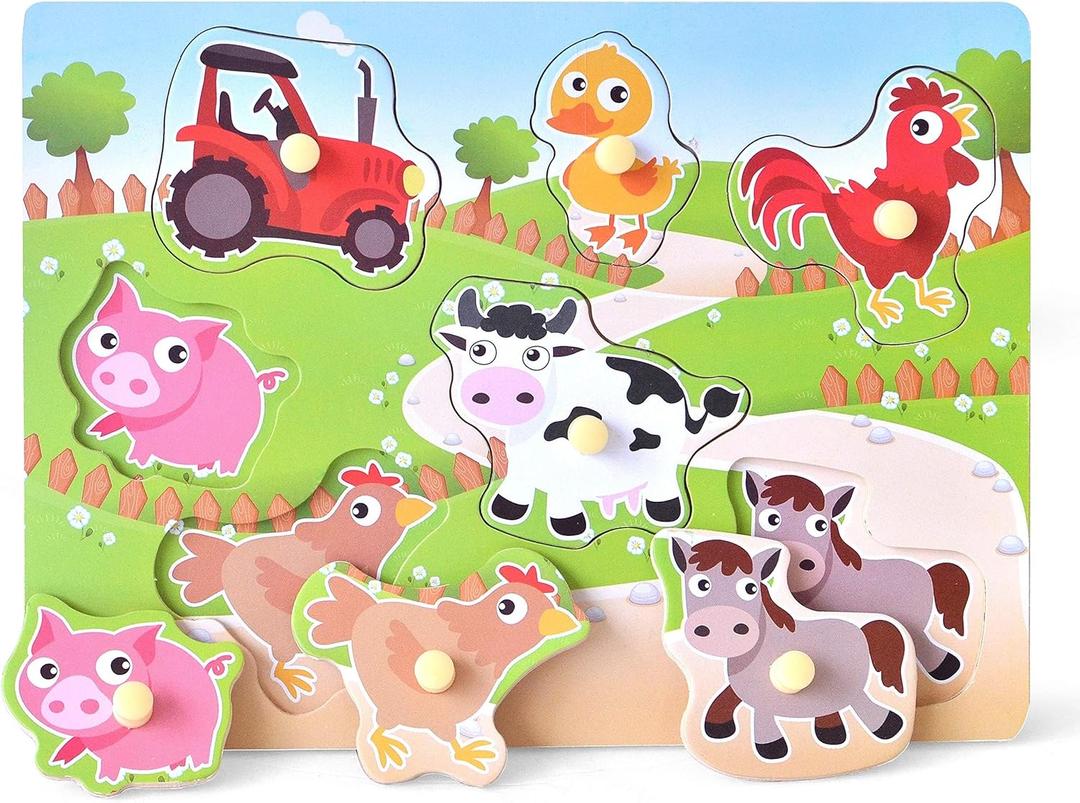 Wooden Puzzles Farm Chunky Baby Puzzles Peg Board, Full-Color Pictures for Preschool Educational Jigsaw Puzzles, 7 Pieces