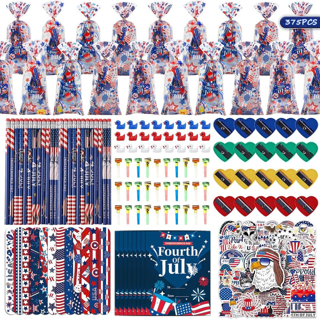 Hiawbon 375PCS Independence Day Stationery Set 40Pack Independence Memorial Day Goodie Bags with Stationery, Patriotic Goodie Bags Stuffers, 4th of July Greeting Cards Pencils Bracelet Stickers