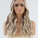 Highlight Ash Blonde Wig 18 Inch Medium Length Wavy Glueless Ombre Mixed Brown Grey Blonde Lace Front Wig Pre Plucked HD 13x4 Synthetic Lace Front Wigs for Women