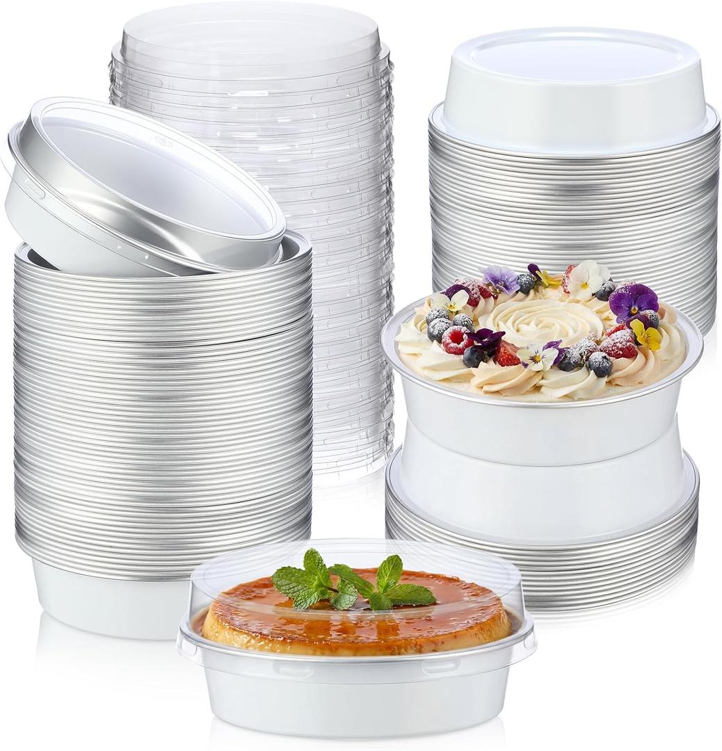 Yinder 120 Pcs 8 oz Disposable Mini Pie Tins with Lids Aluminum Ramekins Foil Pie Pans Egg Tart Cake Baking Pans Individual Round Containers Heat Resistant Oven Safe for Party, Gift (White)
