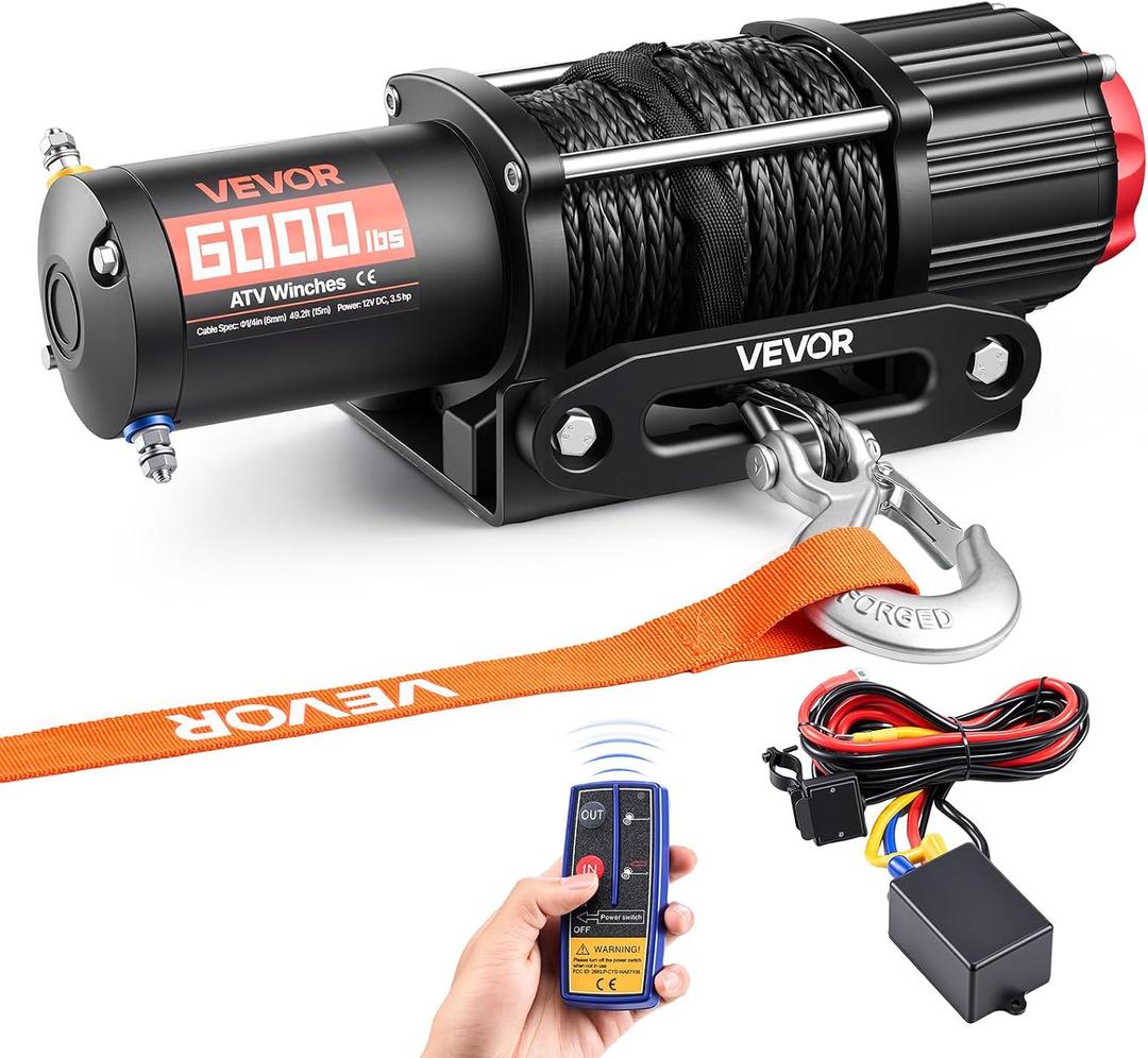 VEVOR 6000 lbs Electric Winch, 12V DC Large ATV/UTV Winch with Φ0.24 in x 49.2 ft Synthetic Rope, Wireless & Wired Remote Control, IP55 Waterproof, with Fairlead Mount Plate for Towing UTV Off-Road