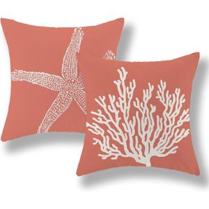 Orange Starfish Pillow Covers 18x18 Inch Set of 2, Nautical Ocean Coastal Orange Coral Throw Pillows Spring Summer Decorations Linen Pillowcase Outdoor Decor Farmhouse Cushion Case for Home Holiday